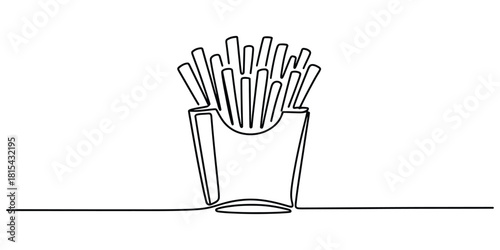 Single continuous line drawing of french fries in a box fast food
