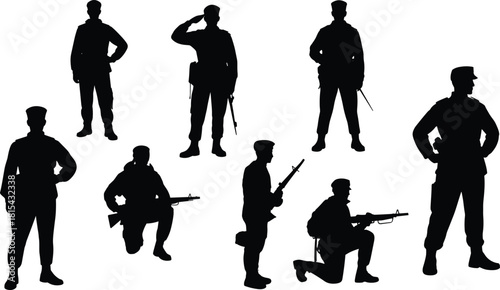 Set of military soldier silhouettes, black army men standing and kneeling with guns, vector combat infantry figures, war defense concept