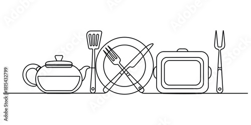 Continuous line drawing of kitchen and dining utensils and cooking items