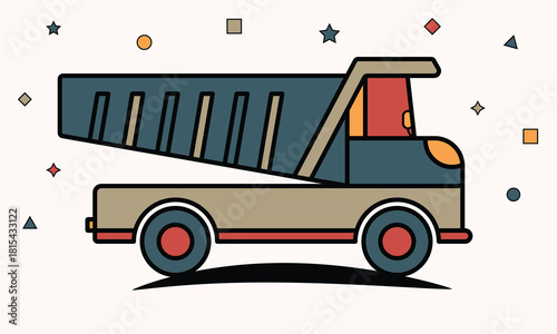 Colorful Construction Dump Truck Illustration with Geometric Background Elements