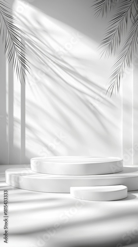 A clean, minimalist scene featuring three white circular podiums of varying sizes, bathed in soft light with dramatic shadows cast by palm leaves.