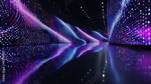 Immersive digital tunnel with vibrant flowing light patterns and reflective surfaces, creating a futuristic and dynamic atmosphere for technology and innovation.