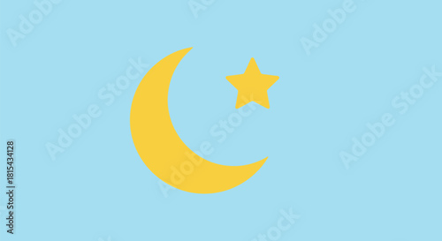 Simple flat graphic of a yellow crescent moon and star, an iconic symbol of Islam, isolated against a solid light blue background.