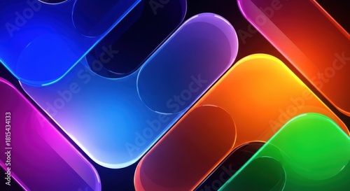 Abstract background overlapping glossy glass shapes with vibrant neon color gradients blue, purple, orange, green, for digital flow, modern interface design, dynamic technology