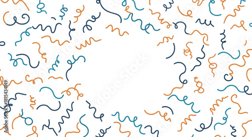 Playful abstract background featuring colorful hand-drawn squiggles and confetti shapes with a central blank circle for text or design.