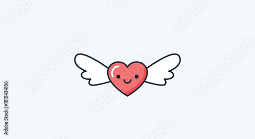Adorable kawaii-style cartoon of a smiling red heart with angel wings, symbolizing love, romance, and affection on a simple background.