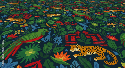 A vibrant and colorful textile design showcasing a lush jungle scene with jaguars, quetzals, flowers, and intricate foliage, creating a captivating visual.