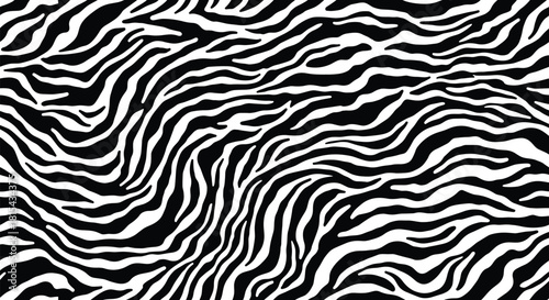 Seamless black and white zebra print background, an abstract animal skin pattern for bold and exotic textile or wallpaper designs.