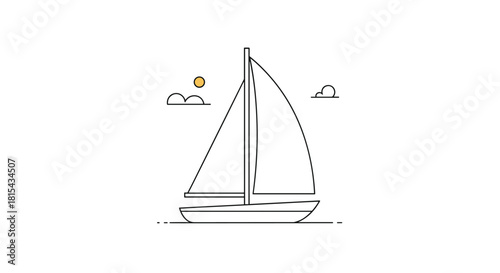Minimalist line art illustration of a sailboat on the water, with a simple sun and clouds, evoking a calm and peaceful sea journey.