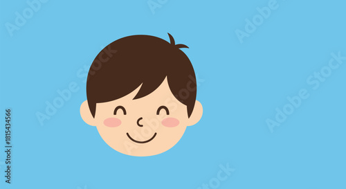 Cute cartoon illustration of a happy, smiling boy's face with brown hair and rosy cheeks against a solid blue background.