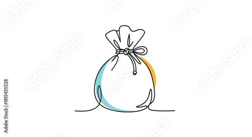 A modern and artistic continuous one-line drawing of a money bag with colorful abstract accents, symbolizing wealth and savings.