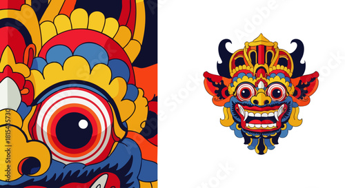 A vibrant illustration of a traditional Balinese Barong mask, showcasing intricate details and bold colors, representing cultural heritage.