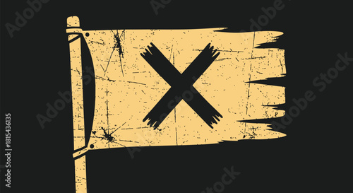 A rugged and distressed pirate flag with a black 'X' mark, designed with a grunge texture to look old and weathered.