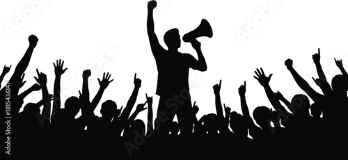 Silhouette of Public Speaker with Megaphone Addressing Excited Crowd Audience with Raised Hands at a Political Protest, Rally, or Demonstration
