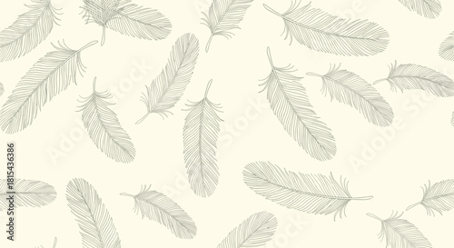 A delicate and seamless pattern of hand-drawn feathers scattered on a light cream background, creating a soft and natural texture.