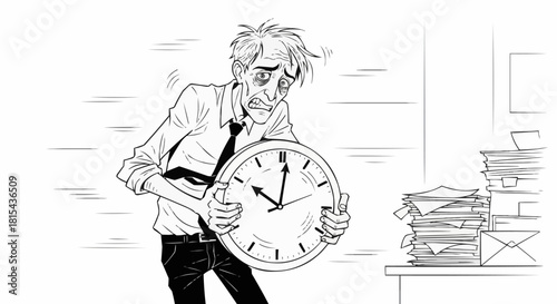 Stressed Man Holding Clock with Overdue Paperwork.