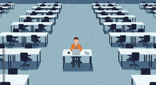 Businessman working alone in a vast, empty office space, symbolizing isolation and focus.