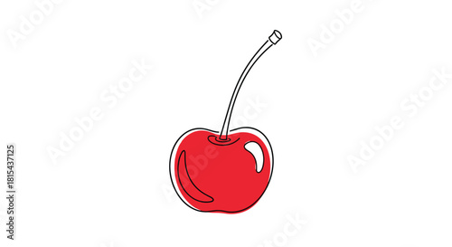 A minimalist continuous one-line drawing of a single cherry with a red color accent, a modern and simple fruit illustration.