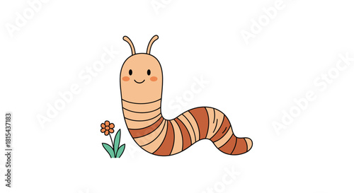 Adorable cartoon caterpillar with a happy smiling face and striped body crawling on the ground next to a small simple flower.