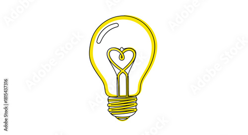 Creative concept illustration of a light bulb with a heart-shaped filament, drawn in a continuous line with yellow accent color.
