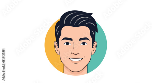 Modern cartoon avatar of a smiling young man with stylish black hair set against a two-tone yellow and teal circle background.
