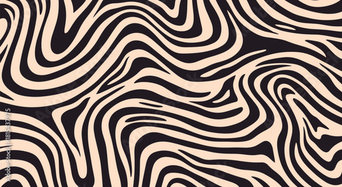 Abstract seamless background with a flowing, wavy pattern of black and tan stripes resembling zebra print or liquid marble.