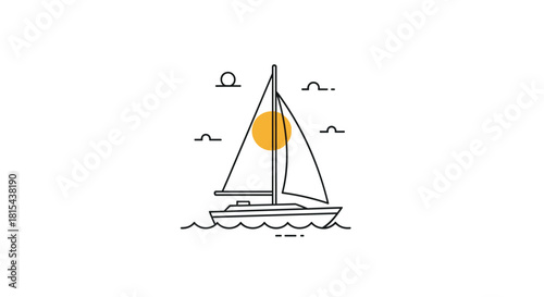 Minimalist line art illustration of a sailboat on gentle waves with a bright yellow sun and clouds in the background.