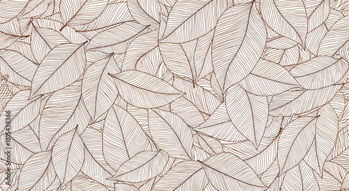Dense and intricate seamless pattern of overlapping, hand-drawn leaves in a brown outline style, creating a natural texture.