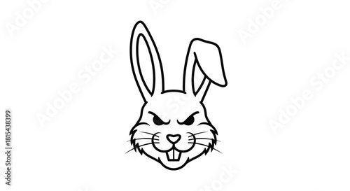 Menacing black and white line art illustration of an angry rabbit's head, featuring a fierce expression and a folded ear.
