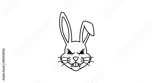 Aggressive black and white line art of an evil rabbit's face, detailed with a menacing snarl, sharp fangs, and angry eyes.