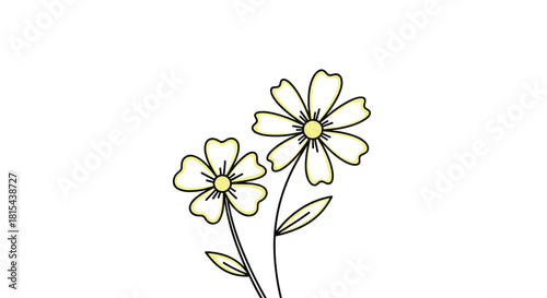 Simple and charming illustration of two yellow daisy flowers on stems with leaves, depicted in a clean black outline style.