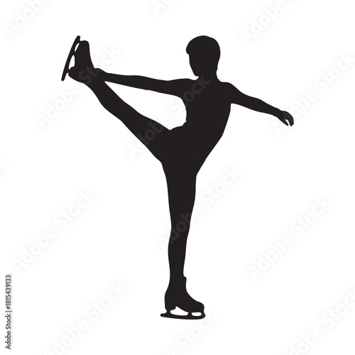 Graceful figure skater silhouette executing Biellmann spin, perfect for sports branding, posters, or website design, capturing skill and artistry on ice