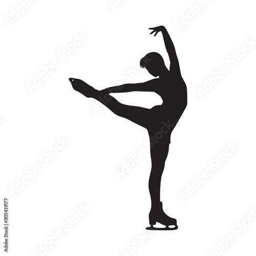 Elegant figure skater silhouette performing stunning Biellmann spin, graceful movement, perfect for sports branding, dance studio promotions, or artistic design projects