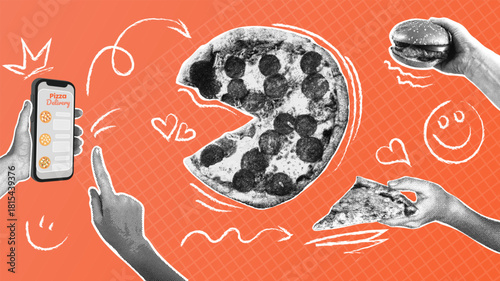 Enjoy online food delivery order pizza and burgers via a mobile app.A trendy halftone collage.Monochrome elements.Creative design.Food concept, restaurant and cafe menu template,ordering and delivery.