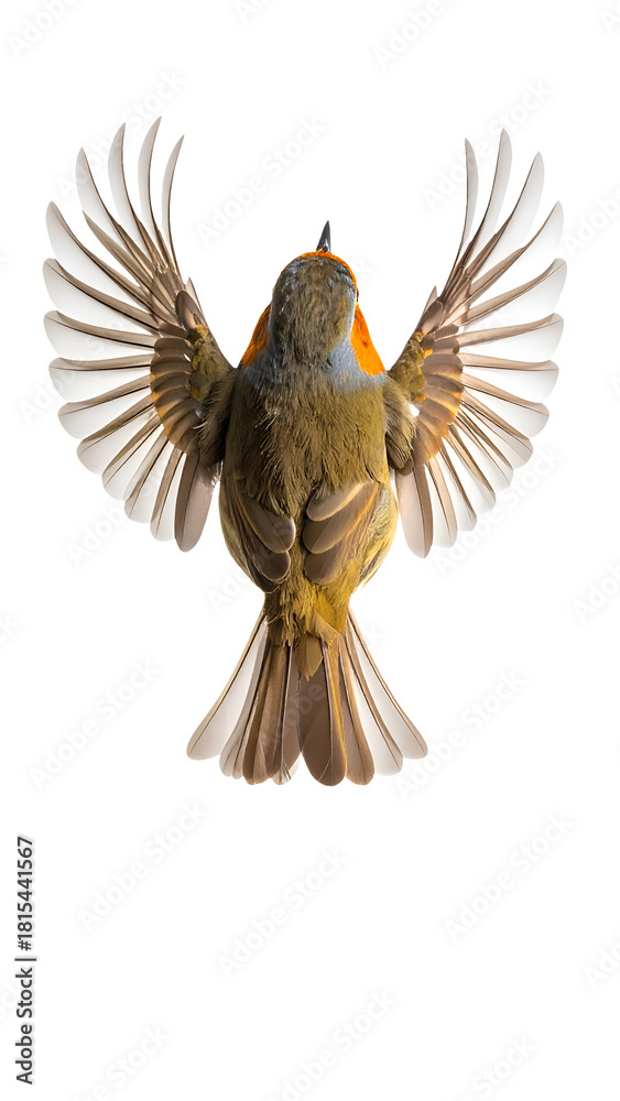 Obraz premium Top view of small colorful songbird with fully spread wings and fanned tail feathers on isolated background