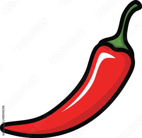 A vibrant red cartoon chili pepper with a green stem against a clean white background.