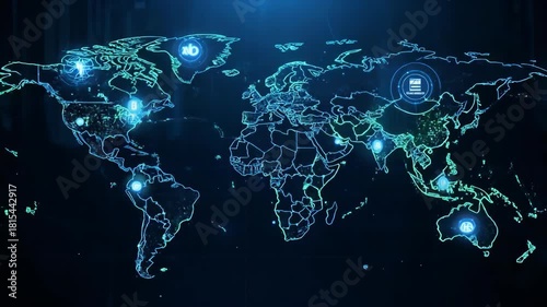 Global Network: Dynamic World Map with Data Points and Futuristic Technology