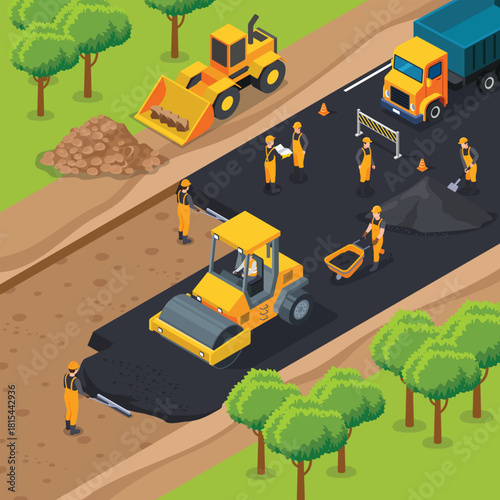 Isometric of a Road Construction Workers Vector Illustration