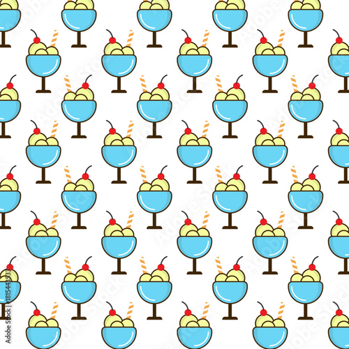 Flat Line Style Ice Cream Sundae Dessert Repeating Pattern Food