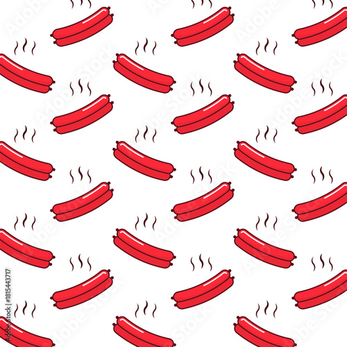 Cartoon Style Hot Sausage Seamless Pattern Repeatable Grill Cookout Background