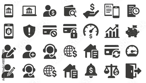 Flat lay of various finance and business icons on a white background