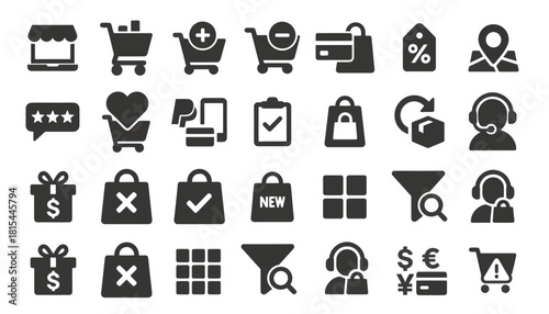 Collection of black icons depicting e-commerce and online shopping concepts on a white background