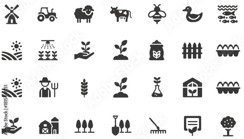 Collection of black farm and gardening icons on a white background
