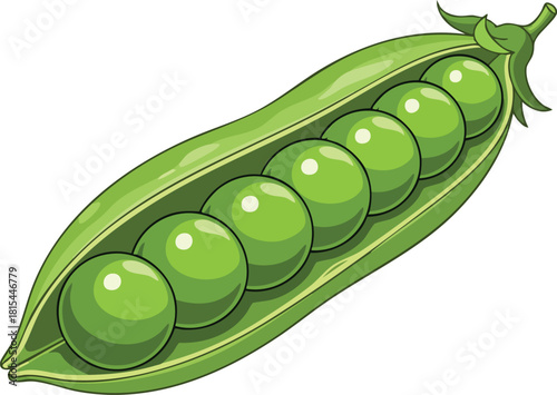 Cartoon-style illustration of a green pea pod with five peas on a white background, showcasing a simple and colorful design.