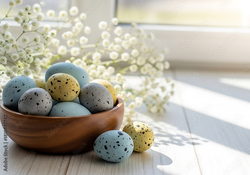 Obraz premium Bright Easter Eggs in Bowl with Window Light. Generative Ai