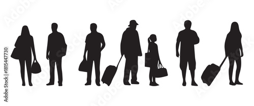 “Black Silhouette Collection of Travelers, Luggage, and Business Essentials – Vector Icon Set”