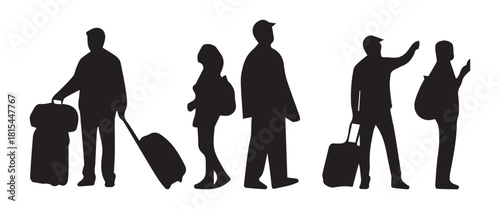 “Black Silhouette Collection of Travelers, Luggage, and Business Essentials – Vector Icon Set”