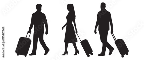 “Black Silhouette Collection of Travelers, Luggage, and Business Essentials – Vector Icon Set”