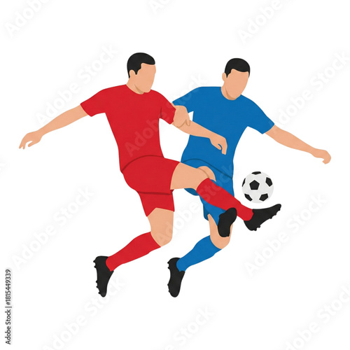 Two professional football players from opposing teams in red and blue uniforms in a fierce struggle to control the soccer ball during a match