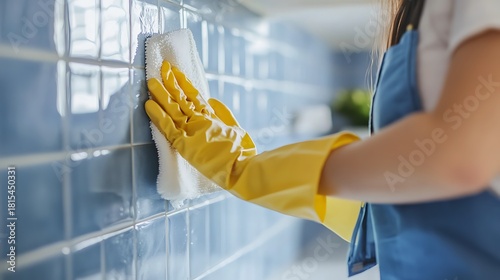 Close up of a person in yellow rubber gloves meticulously cleaning blue tiled wall in a kitchen or bathroom space.